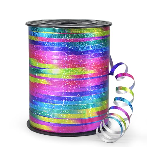 Isaspire 500 Yards Shiny Metallic Curling Ribbon with Spool, 1/5" Holographic Curly Ribbons - Perfect for Gift Wrapping, Florist Flowers, Birthday Party Decorations, Balloon String Ribbon in Rainbow