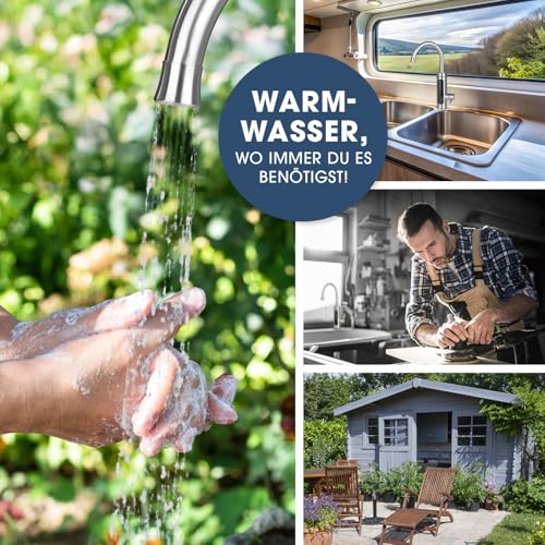 MAXXMEE Elektrische Edelstahl Armatur plus integrierter Durchlauferhitzer | Wasserhahn mit Heizspirale & LED Temperaturanzeige | 2 wechselbare Wasserhähne | über 60 °C warmes Wasser ohne Vorheizen