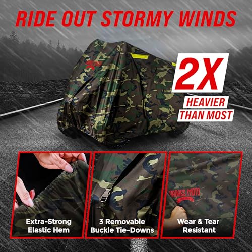 Image of Badass Moto Gear ATV Cover CAMO MEDIUM | Easy access zipper, camo four wheeler quad cover, fits ATVs like Polaris Sportsman 450 H.O, Suzuki KingQuad 400 & KFX 700