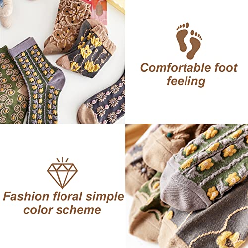 Image of 5 Pack Cute Womens Floral Socks, Vintage Embroidered Frilly Floral Ankle Cotton Cottagecore Socks