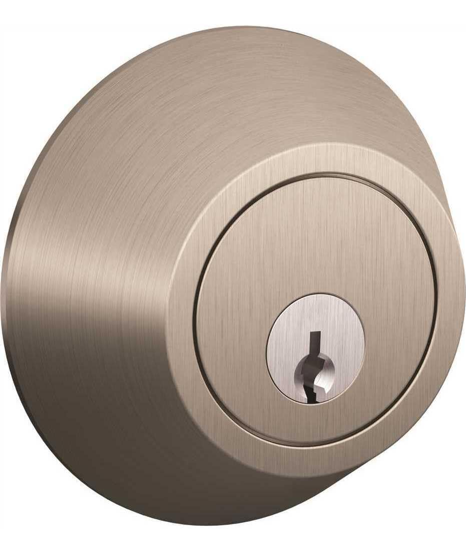 Schlage J-Series JD60619 Single Cylinder Deadbolt in Satin Nickel, exterior view