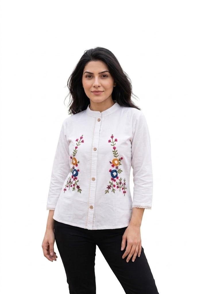Women's Organic Cotton Floral Embroidered Button Down Tunic | Stylish Off White Cotton Tunic-picture-45