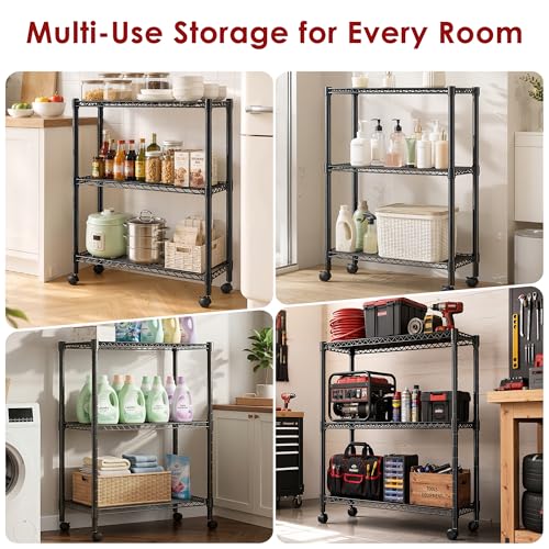 Image of Simple Deluxe 3-Tier Heavy Duty Adjustable Storage Shelf with Wheels, 23.23 inchW x 13.39 inchD x 30.31 inchH, Mobile or Stationary Metal Shelving Unit, Easy Assembly for Kitchen, Pantry, Laundry Room, Black
