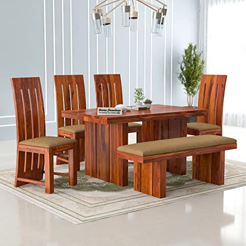 Image of Sheesham Wooden Dining Table 6 Seater Dining Set for Home & Restraunts | Solid Wooden Dining Table with 6 Chairs | Solid Wood Six Seater Dining Set (P+ Honey Finish)