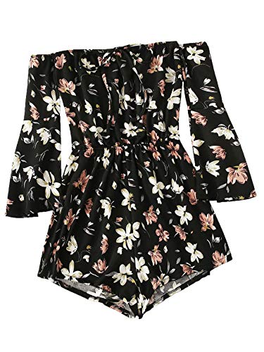 MakeMeChic Women s Casual Floral Print One Piece Knot Front Off Shoulder Romper Playsuit (Small, Multi-1)