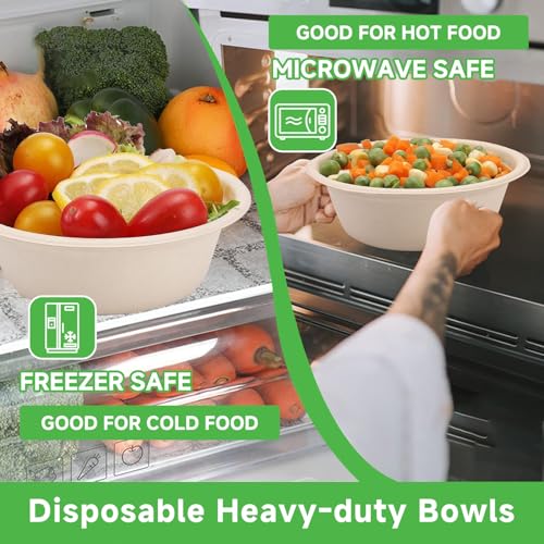 PLMMOUT 50 Pack Compostable Paper Bowls, 16oz Disposable Paper Bowls, Natural Wheatstraw Fiber Compostable Bowl, Heavy-Duty Soup Bowl for Hot or Cold Use, Leakproof & Microwave Safe - Thumbnail 3