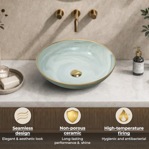 Image of Plantex Wash Basin /Ceramic Table Top Wash Basin /Designer Countertop Basin for Bathroom /Restaurants /Hotel (Mint green & Gold - 16.5 x 16.5 x 4 Inch)