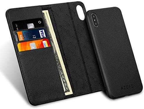 AZOFO iPhone Xs Max Wallet Case, [2 in 1] Detachable Magnetic Case [Cowhide Leather] Slim Flip Folio Cover, Card Holder Slots, Kickstand, [Gift Box Package] Compatible iPhone Xs Max (6.5-inch), Black