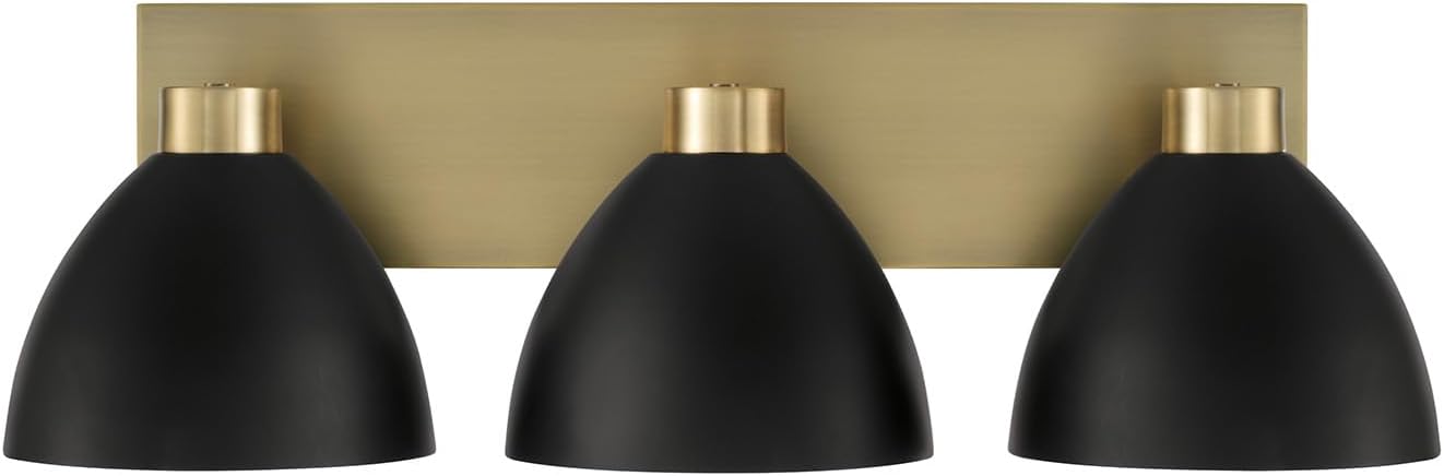 HomePlace by Capital Lighting 152031AB Ross Modern Luxe Art Deco Mid-Century Matte Black Metal Cone Bath Vanity Wall Light, 3-Light 300 Total Watts, 8" H x 25" W, Aged Brass and Black