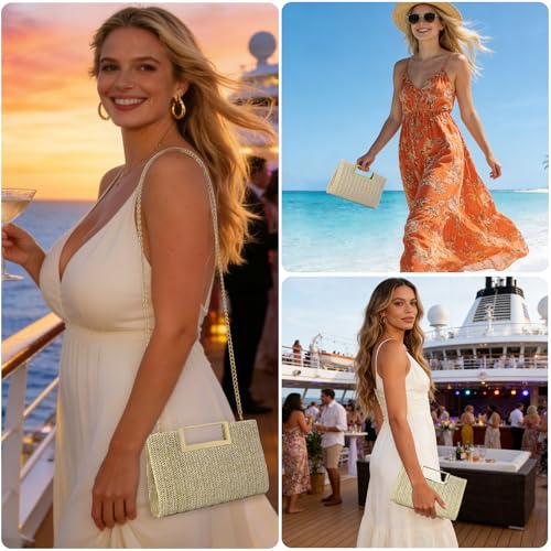 Image of Women's Straw Raffia Clutch Purse, Top Handle Woven Handbag with Crossbody Strap, Summer Beach Shoulder Bag