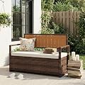 75 Gallon Outdoor Storage Bench, All-Weather PE Rattan Deck Box with Seat, Wicker Patio Furniture for Cushions, Garden Tools, Pool Accessories, Water-Resistant and Durable (Brown White)