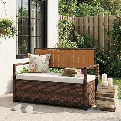 75 Gallon Outdoor Storage Bench, All-Weather PE Rattan Deck Box with Seat, Wicker Patio Furniture for Cushions, Garden Tools, Pool Accessories, Water-Resistant and Durable (Brown White)
