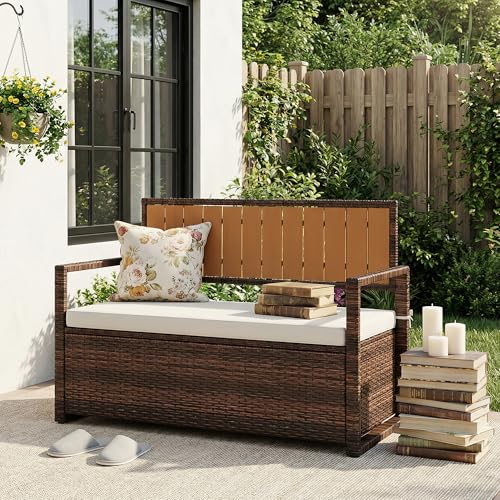 75 Gallon Outdoor Storage Bench All-Weather PE Rattan Deck Box with Seat Wicker Patio Furniture for Cushions Garden Tools Pool Accessories Water-Resistant and Durable (Brown White)