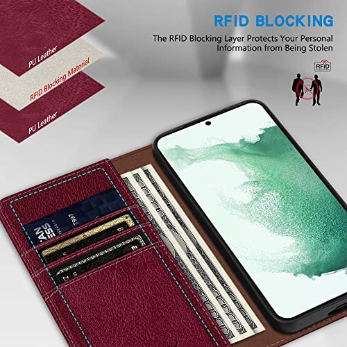 Image of ZZXX for Samsung Galaxy S22 Plus Wallet Case with [RFID Blocking] Card Slot Stand Strong Magnetic Leather Flip Fold Protective Phone Case for Samsung Galaxy S22 Plus Case Wallet(Wine Red-6.6 inch)
