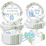 200Pcs Greenery Baby Shower Plates and Napkins Decoration Watercolor Blue Party Tableware Dinnerware Set A Sweet Boy Is On His Way Paper Plates for Baby Boy Gender Reveal Party Supplies Serve 50