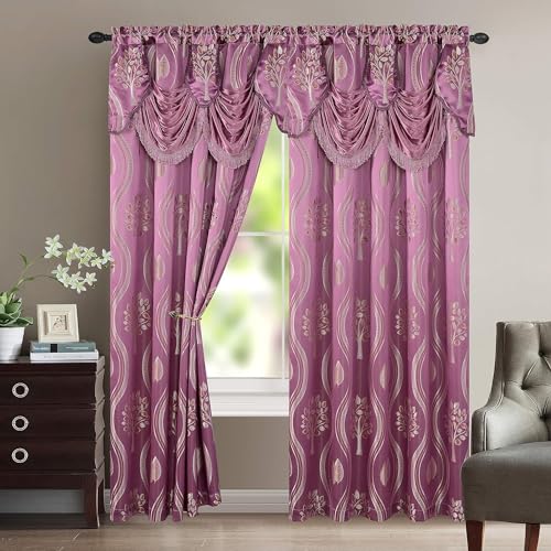 Elegant Comfort Aurora Jacquard Look Curtain Panel Set including Attached Valance 54" X 84 inch (Set of 2), Lilac