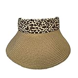 F.C. Fashion Culture Women Leopard Trim Packable Wide Brim Straw Sun Visor, Natural One Size
