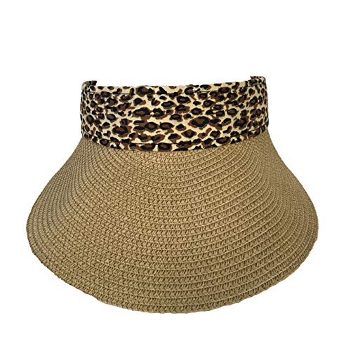 F.C. Fashion Culture Women Leopard Trim Packable Wide Brim Straw Sun Visor, Natural One Size