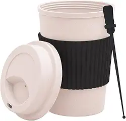 Copo para Café 450ml com Tampa Antivazamento, Proteção Térmica em Bambu e polipropileno com Mexedor Acoplado - Moderno e Funcional