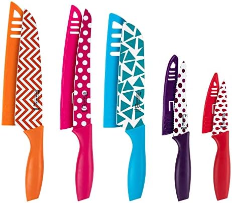MICHELANGELO Knife Set, Kitchen Knife 10 Piece with Nonstick Colored Coating, Sharp Stainless Steel Kitchen Knife Set, Patterned Knives with Covers, Kitchen Knives, 5 Knives & 5 Sheath Covers
