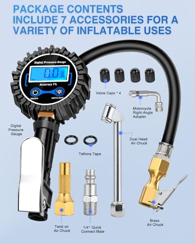 Image of Nilight Digital Tire Inflator Deflator with Pressure Gauge 250 PSI Heavy Duty Air Chuck Compressor Attachments with Rubber Hose & Quick Connect Coupler 0.1 Display Resolution for Car Truck SUV RV
