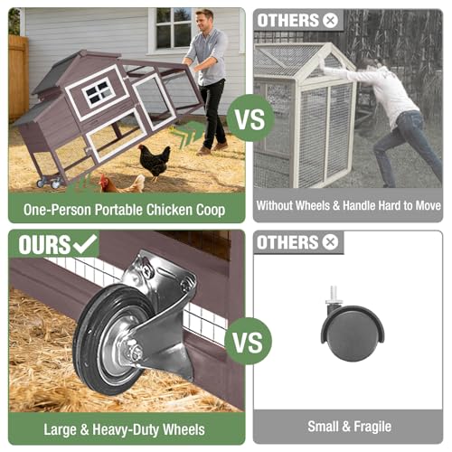 Image of Mobile Chicken Coop with Run Large Hen House with Wheels Chicken House Poultry Cage with Nesting Box, Pull-Out Tray, Waterproof Roof for 3-5 Chickens (Brown, 72.3 inch L x 26 inch W x 39.4 inch H)