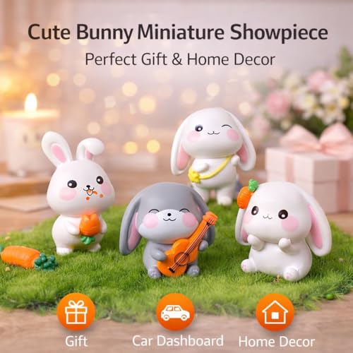 Image of 4 Pcs Cute Rabbit Miniature Figurines Set for Home Decor, Office Desk, Car Dashboard & Bookshelf Decoration | Kawaii Bunny Toy Gift for Kids & Room Decor (Rabbit)