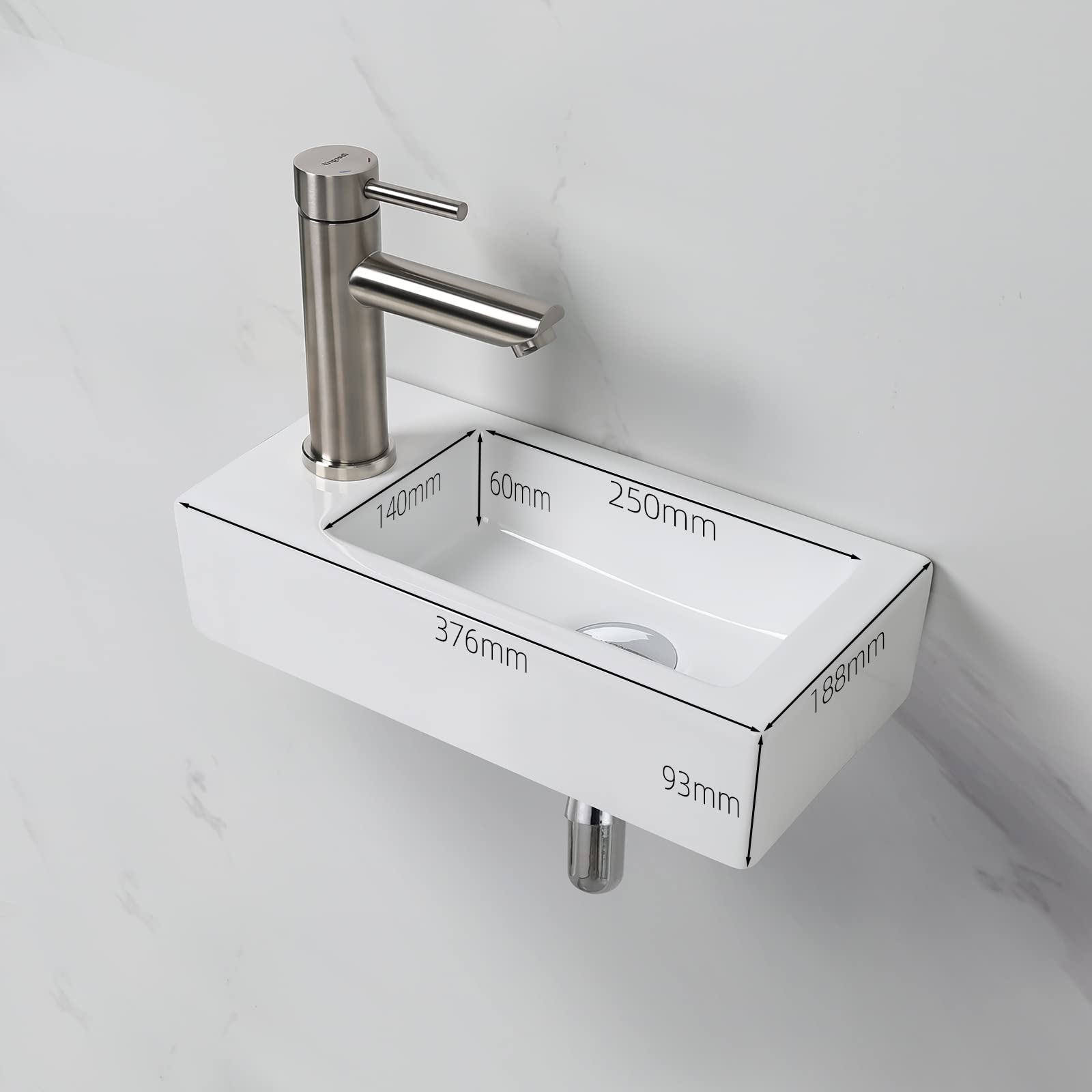 Ibergrif M41102-L, Lavabo Lave Main Blanc Rectangulaire & Wirquin 30719890 Siphon de lavabo en laiton Ø32 avec sortie murale et réglable en hauteur, chromé