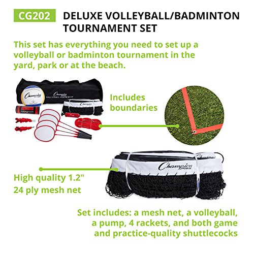 Champion Sports Cg202 Volleyball & Badminton Set: Net, Poles, Ball, Rackets & Shuttlecocks, Portable Equipment For Lawn, Beach & Tournament Games #TOP4