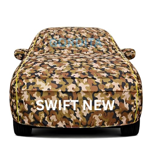 Image of Waterproof Car Body Cover for Swift 2024 All Weather Protection Comes with Inner Cotton Lining & Triple Stitched with Mirror & Antenna Pocket Belt & Elastic Fit Army with Yellow Piping2