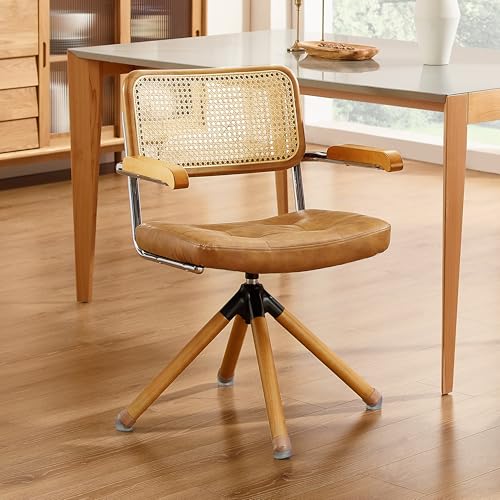Zouron Rattan Schreibstuhl, Mid Century Moderner Drehstuhl ohne Rollen, Kunstleder gepolsterter Bürostuhl mit Holzbeinen, Akzentsessel für Home Office Wohnzimmer Schlafzimmer, Braun