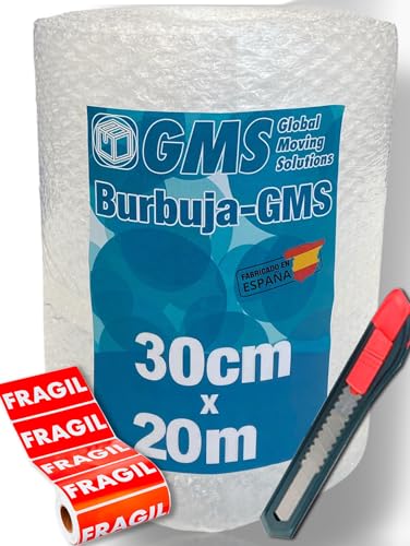 GMS - Rollo Burbuja 30cm x 20m + Cutter + Pegatinas Fragil - Rollo Burbuja Mudanza - Rollo Plastico Burbuja Embalaje - Burbuja Mudanza, Envio y Embalaje - Papel Burbuja (30cmx20m+Cutter+10 Etiquetas)