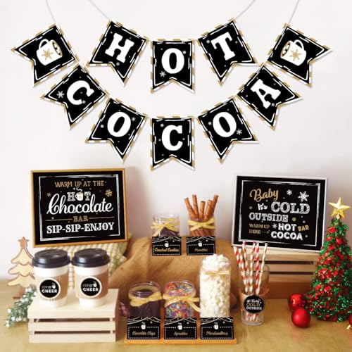 Hot Cocoa Bar Kit Hot Cocoa Banner Bar Sign Hot Chocolate Toppings Labels Cup Tags Stickers for Wintertime Holiday Christmas Party New Year Party Baby Its Cold Outside Decorations (Black and Gold