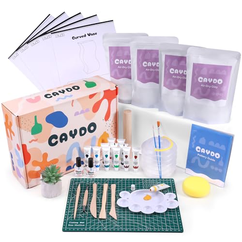Caydo Air Dry Pottery Kit for Beginners and Adults - 4.4 Lbs DIY Craft Set with Tools, Acrylic Paints, Varnish, Clay Stick, Paintbrushes and Step-by-Step Guide - Ideal Pottery Gift