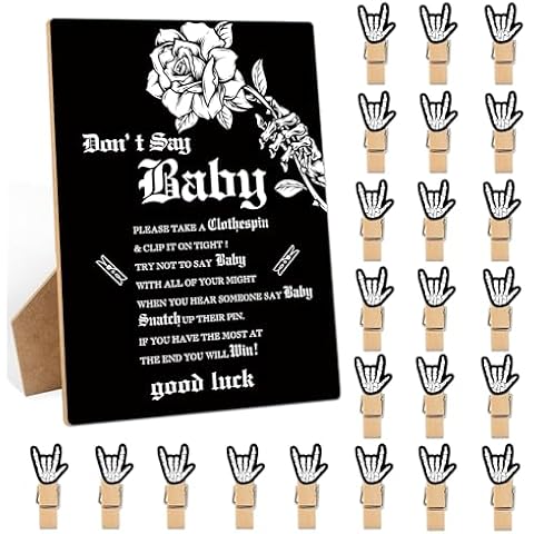 Woukaup Don't Say Baby Clothespin Games Sign, Goth Baby Shower Games, Halloween Baby Shower Games, 1 Wooden Sign with 50 Mini Skull Clothespins, Gender Reveal Party Favors Decorations Cover