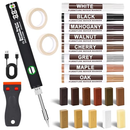 Laminate Repair Kit, Parquet Repair Kit with USB Soldering Iron & Digital Display, Vinyl Floor, Wood Repair Kit, 11 Colours Resin Wax, 8 Repair Pens Painter's Masking, Spatula for Scratches, Holes
