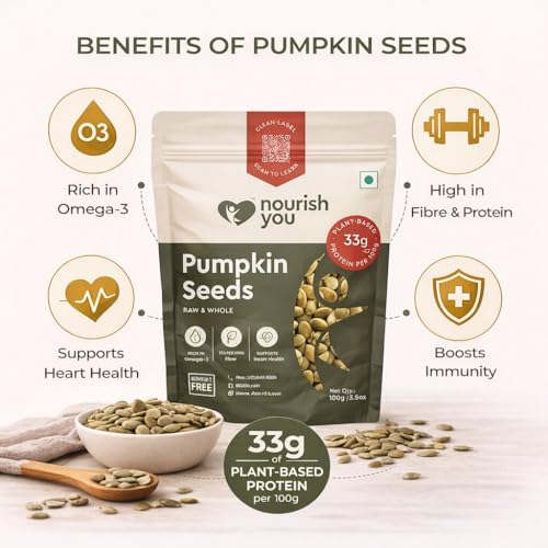 Image of Nourish You Raw Pumpkin Seeds 100 gm - High Protein, Fiber-Rich Superfood Snack | Gluten-Free, Keto-Friendly | Heart-Healthy, Omega-3 & Antioxidant-Rich Seeds for Weight Management | Natural Seeds