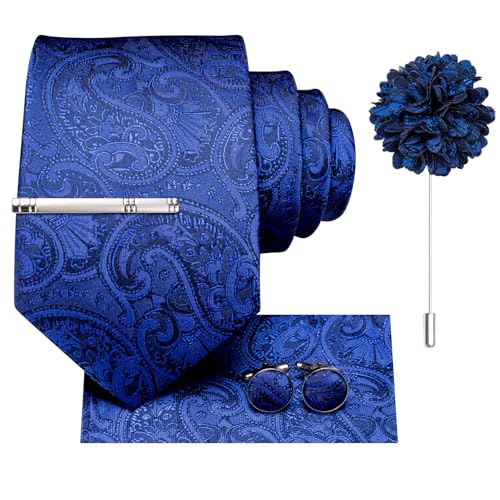 Image of Hi-Tie Mens Paisley Floral Striped Ties Set Silk Necktie and Lapel Pin for Men Pocket Square Cufflinks Set Business Wedding