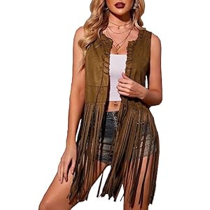 HOTOUCH Women Fringe Vest 70s Hippie Costume Faux Suede Sleeveless Tassels Cardigan Cowgirl Western Tops