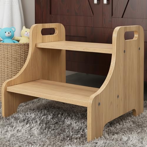 Toddler Step Stool for Kids Toddler Kitchen Stool Helper with Handles & Non-Slip Pads Wooden 2-Step Stool for Toddlers for Bathroom Sink Potty Training Kitchen & Bedroom 300lbs Capacity(Natural)