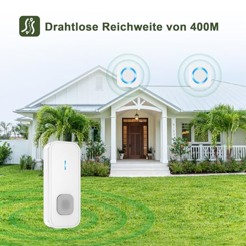 SURFOU Funkklingel, 400m Funk Reichweite Aussen Wasserdicht Türklingel Kabellos 2 Plug in Empfänger, Haustür Klingel mit 55 Klingeltönen, 5 Lautstärken, Blinkende LED Hausklingel Sets, Weiß