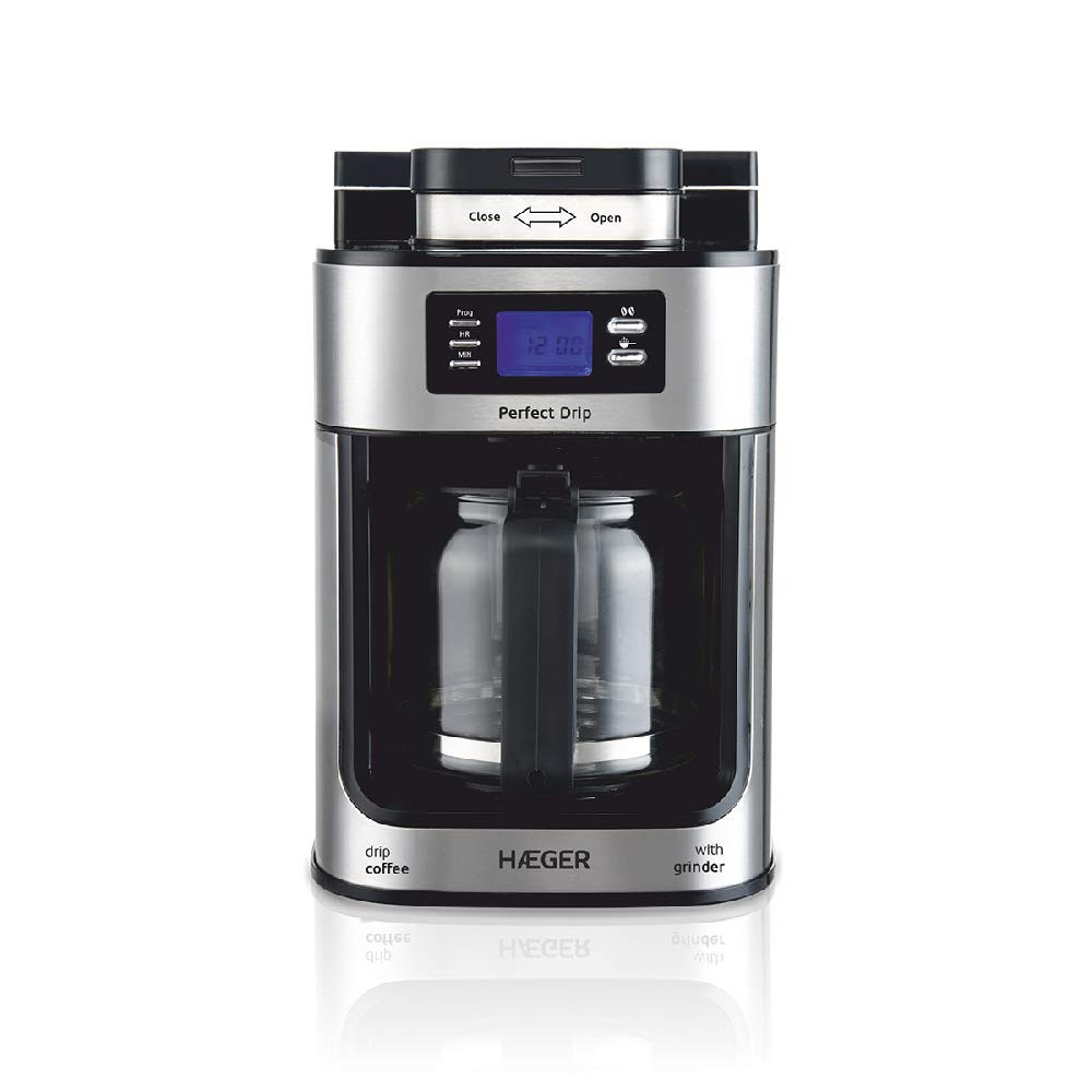 HAEGER Drip - Cafetera de Goteo automática con Molinillo, 1050W, Capacidad: 1,2L - Plato calentado para Mantener Caliente, Capacidad de Molino: 60g, Pantalla LCD, Temporizador de 24 Horas