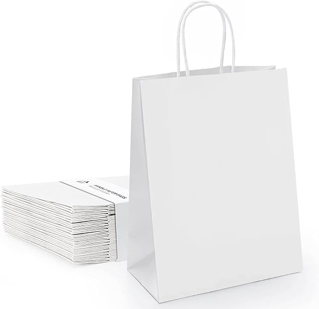 Anstore 24 sztuki torebek papierowych z uchwytem 21 x 11 x 27 cm, torebki na prezenty, torebki na imprezę z uchwytem, biała torebka z papieru typu kraft na imprezy, pakowanie, dopasowanie, przenoszenie, handel detaliczny, towary, wesele