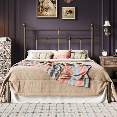 Image of SHA CERLIN Queen Size Metal Platform Bed Frame with Victorian Vintage Headboard /Under Bed Storage /No Box Spring Needed /Easy Assembly /Noise Free /Mattress Foundation /Gold
