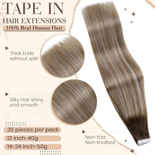 Hetto Tape in Hair Extensions Human Hair Ombre Brown to Blonde, Invisible Lightweight Tape Hair Extensions - Image 2