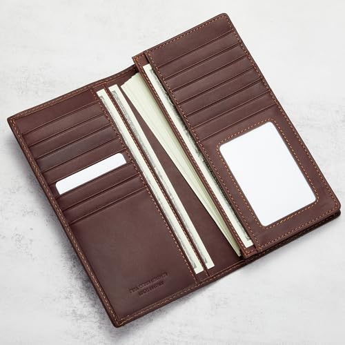 Image of HISCOW Full Grain Leather Men's Long Wallet, 15 Card Slots, Aniline Coffee | Gusseted bill compartment, tall bifold design, clear ID window, ideal for coat pockets or briefcases, turned-edge, gift box