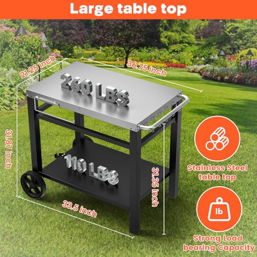 Image of Double-Shelf Stainless Steel Grill Cart, 34 x 21 Outdoor Table | Movable grill cart for Ninja, for Ooni, for Blackstone, and for Weber Q grills, pizza ovens, and food prep.