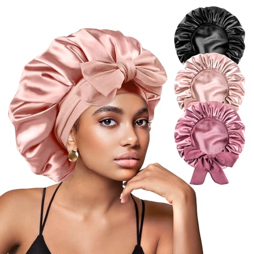 Yanideer 3 pcs Silk Bonnet for Sleeping Double Layer Satin Lined Hair Satin Bonnet with Tie Band for Women Curly Hair Blushpink