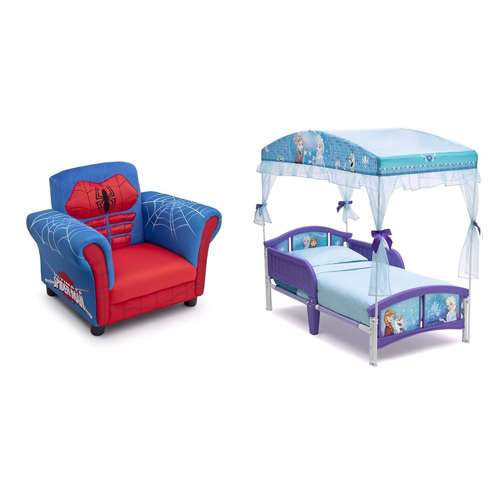 Delta Children Figural Upholstered Chair, Marvel Spider-Man (Blue, Red) & Canopy Toddler Bed, Disney Frozen