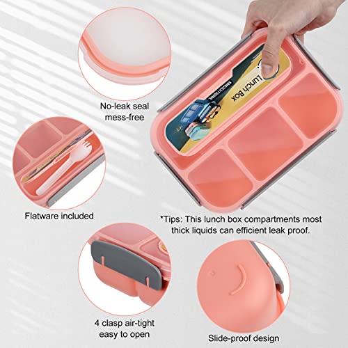Image of MaMix Bento Box for Kids, Lunch Box Kids, Lunch Containers for Adults,4 Compartment Leak-Proof with Sauce Snack Pot Cutlery (Pink)